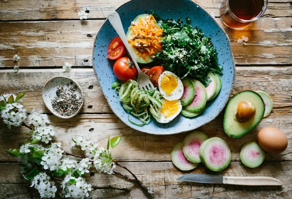 Balanced meal on a wooden table